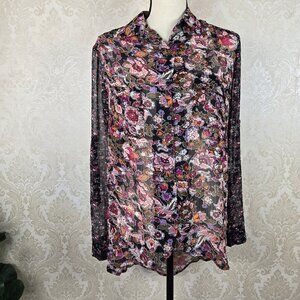 Band of Gypsies Size XS Oversized Sheer Mixed Floral Tunic Button Down Front
